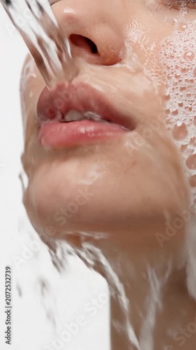 A close-up shows foamy facial cleanser cascading over lips
