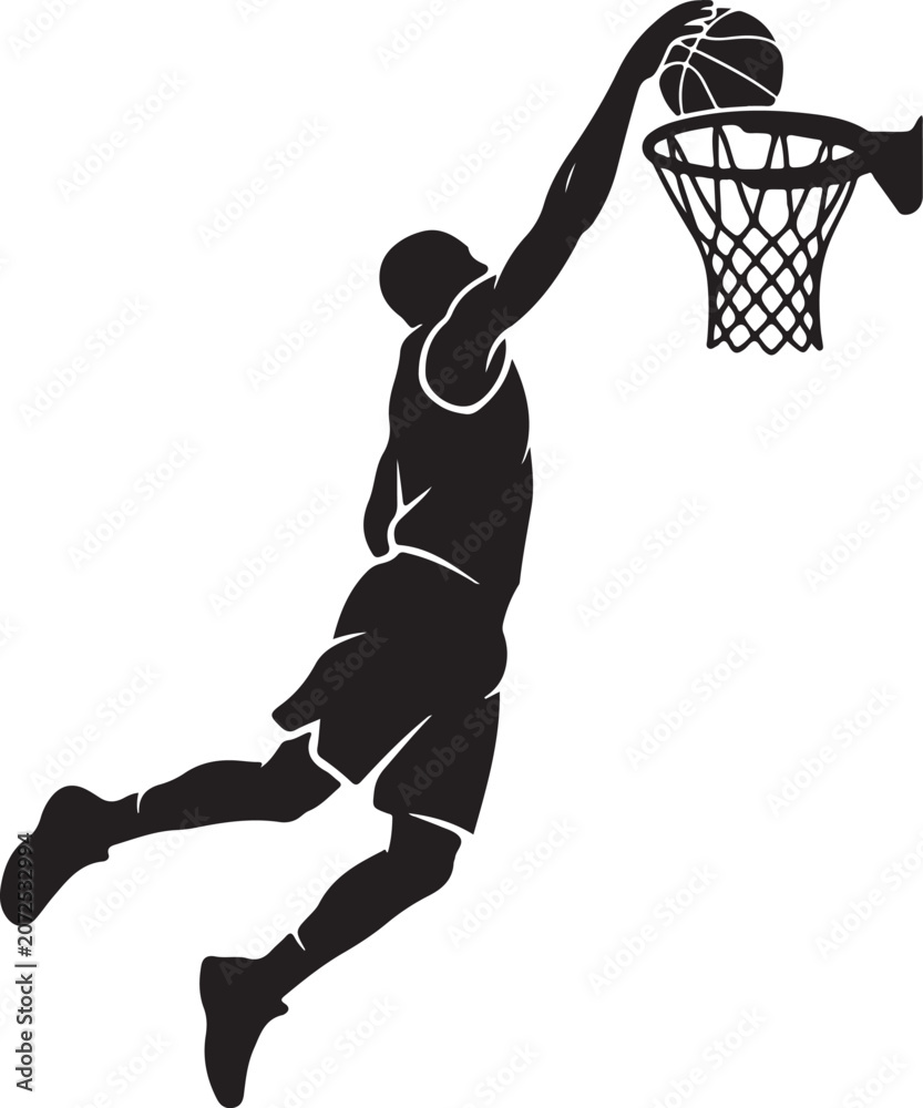 Obraz premium Black silhouette basketball player, dunking, sports icon, athletic motion, vector graphic