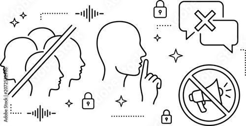 Foto Mute and silence icon set vector outline collection of quiet mouth speech bubble cancel megaphone prohibition ban censorship