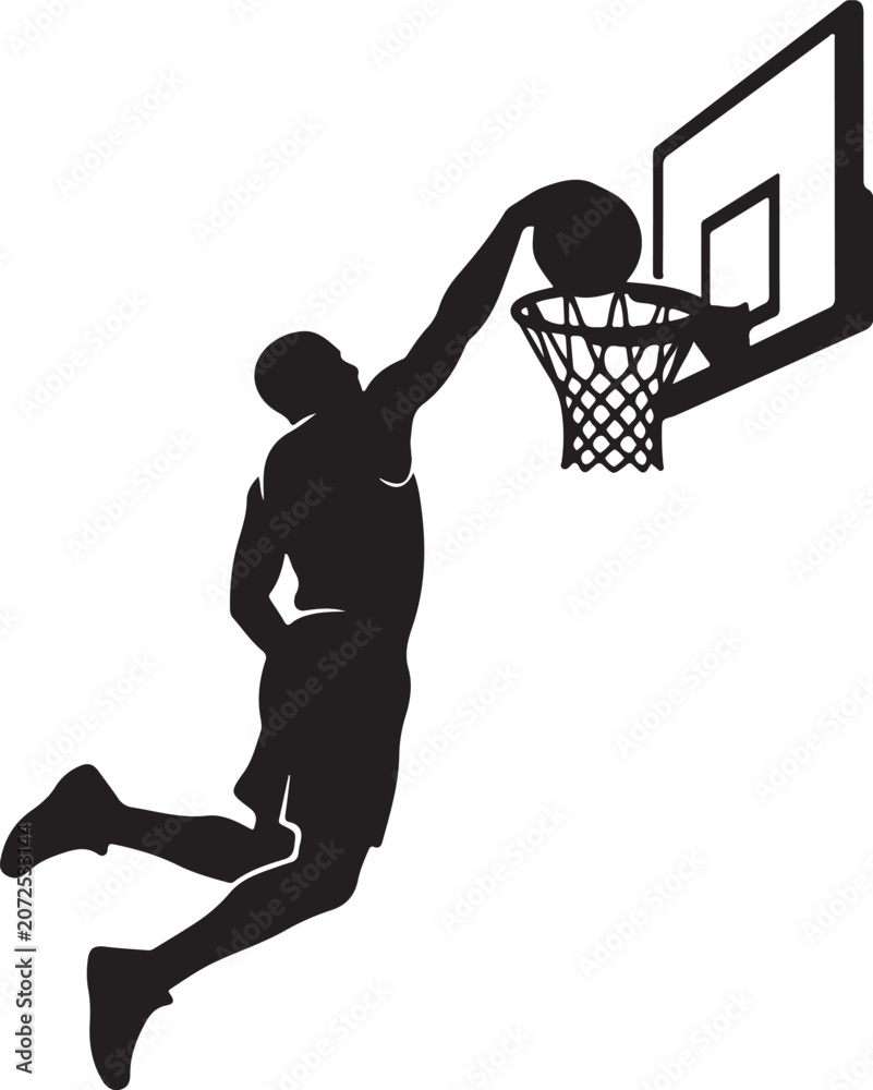 Obraz premium Black silhouette basketball player dunking, sports icon, athletic vector, dunk illustration