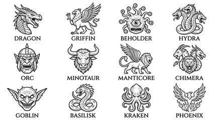 Mythical creatures icons, fantasy monster logos, dragon, griffin, beholder, hydra, orc, minotaur, manticore, chimera, goblin, basilisk, kraken, phoenix