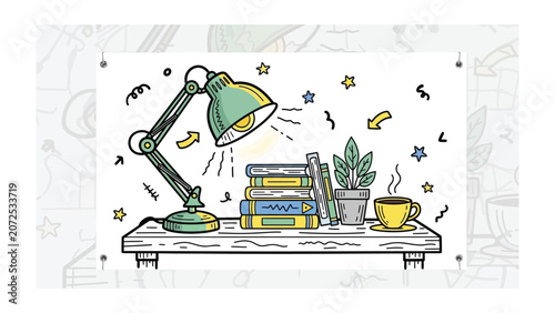 Study desk with lamp books and coffee cup sketch art, learning