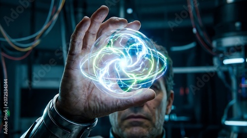 Man holding glowing blue energy orb inside palm with swirling electric current rings around translucent glass sphere.
