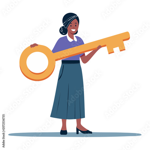 Woman holding large golden key, flat vector illustration