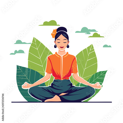 Woman meditating in lotus position flat vector illustration