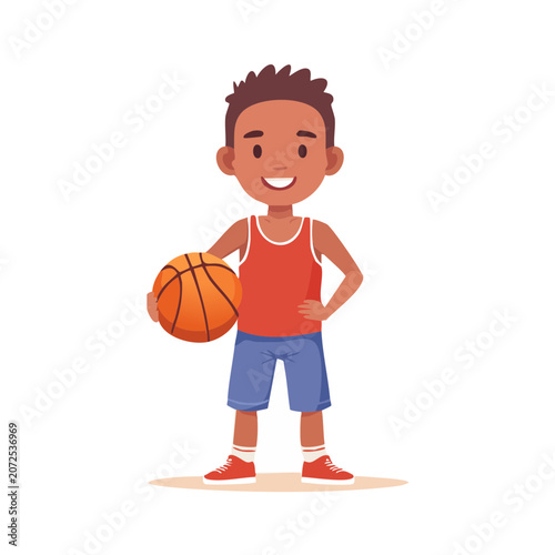 Cartoon boy holding a basketball in flat vector style