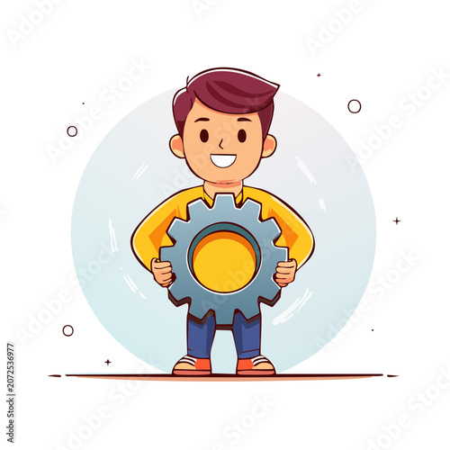 Cartoon boy holding large gear