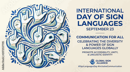 Illustration showcases a dynamic circular arrangement of various sign language hand gestures within a decorative.