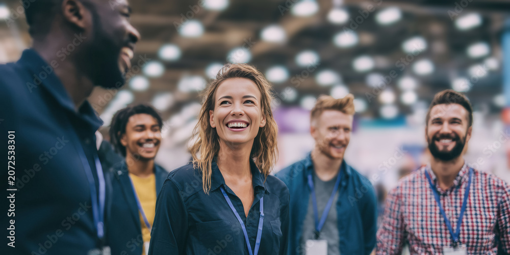 Obraz premium Lively trade show scene a happy audience listening to a startup business owner creates a dynamic visual highlighting engagement teamwork professional energy.
