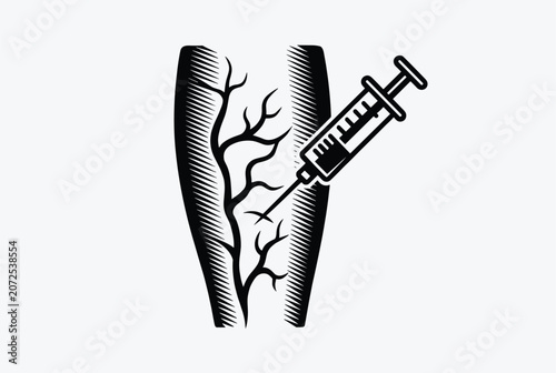 Black and white medical drawing of a leg with varicose veins being treated by an injection from a medical syringe.