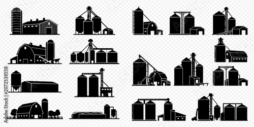 Set of various farm and agricultural building silhouettes, including barns, silos, and grain elevators, depicting rural industry and storage facilities.