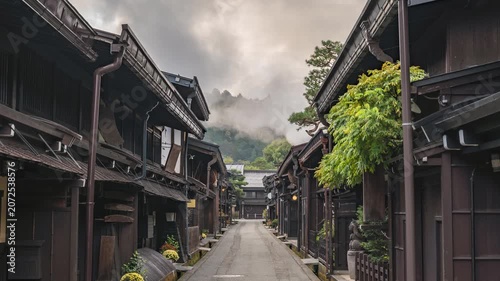 Takayama Gifu Japan time lapse city skyline at old town Sannomachi street in autumn season
