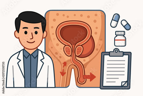 Male doctor standing next to a medical diagram of the human male reproductive system with a clipboard and pills.