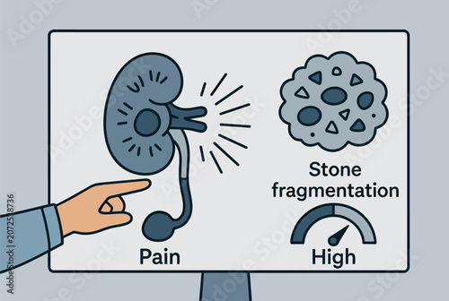 Educational screen showing a human kidney with pain indicators and clinical data about kidney stone fragmentation.