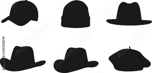 Hat Silhouette Collection, Set of Headwear Icons, Cap, Beanie, Fedora, Beret, Cowboy Hat, vector illustration