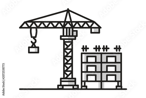 Line icon of an industrial tower crane lifting a heavy load at a construction site next to a warehouse shelving unit.