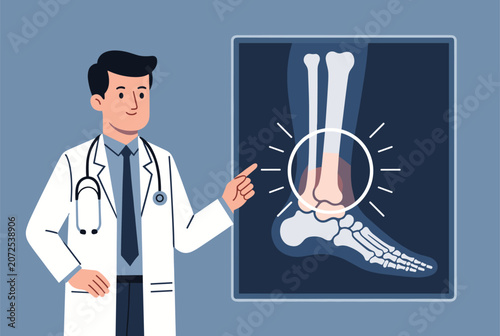 Professional male doctor in a white lab coat pointing towards an ankle X-ray image during a patient diagnostic consultation session.