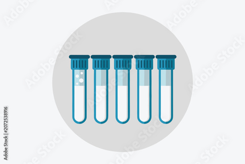 Five medical laboratory test tubes with blue caps and liquid samples arranged in a row inside a circular frame for scientific research.