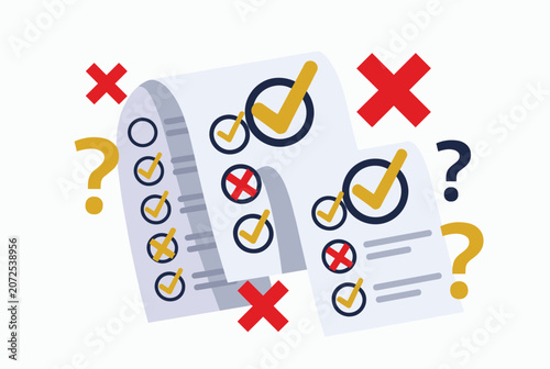 Multiple documents with colorful checkmarks and red cross marks surrounded by question marks representing evaluation or feedback results.