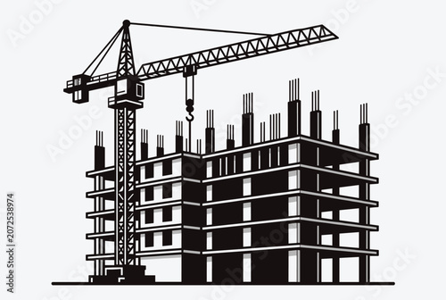 Black silhouette of a multi story building under construction with a large tower crane against a light gray background for industrial use.