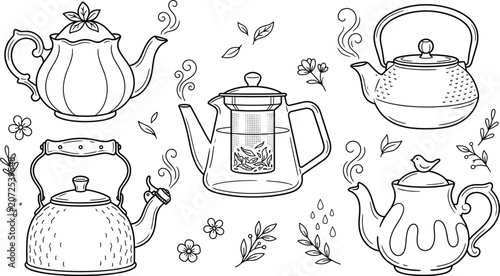 Obraz na płótnie Teapot and kettle icon set vector outline collection of ceramic glass steel tea pot infuser leaf botanical elements