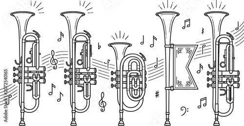 Foto Trumpet brass musical instrument icon set vector outline collection with fanfare herald horn note clef band orchestral elements