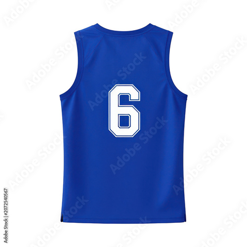 Blue sleeveless sports jersey with number 6 on back, isolated on transparent background