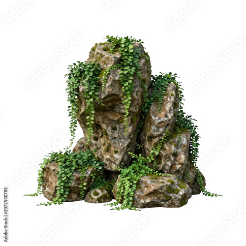 Large mossy rocks with trailing green vines isolated on transparent background