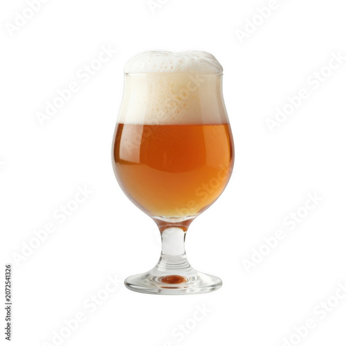 Glass of amber beer with foam head, isolated on transparent background