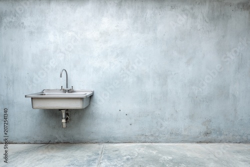 A stainless steel sink and faucet are mounted on a textured gray wall.