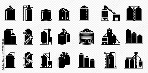 Industrial Silos and Storage Tanks Icon Set: Vector Illustrations of Grain Elevators, Water Towers, and Chemical Containers for Agriculture and Manufacturing.