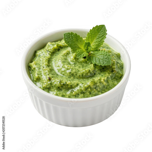 Green pesto in a white bowl with mint leaves isolated on transparent background