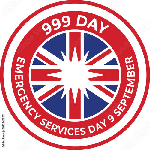 999 day emergency services day 9 september circular emblem featuring a stylized union jack flag with red white and blue colors and bold sans serif typography in a round badge format
