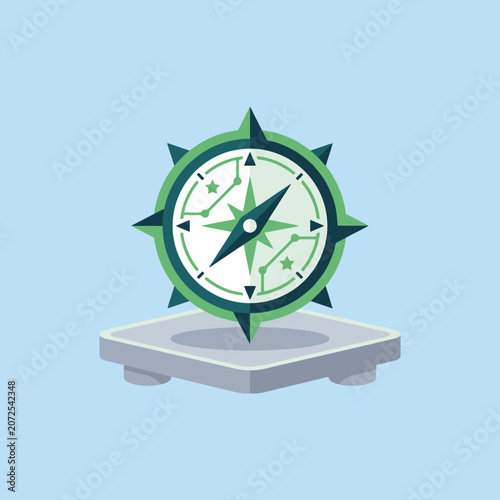 Fotografie A flat vector illustration of a green navigational compass icon