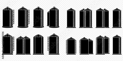 Obraz na plátně Set of black silhouettes of grain silos, storage tanks, and industrial containers for agriculture or factories on a transparent background