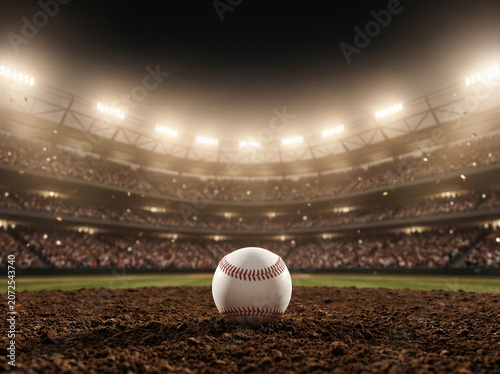 Canvas-taulu Baseball on infield dirt in a stadium at night