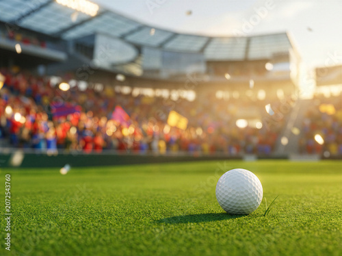 Foto Golf ball on green grass at professional stadium with cheering crowd