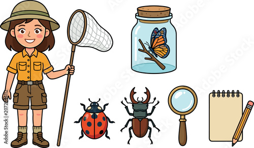 Obraz na płótnie Cute Girl Entomologist Clipart Vector Set with Safari Uniform Butterfly Net Lady