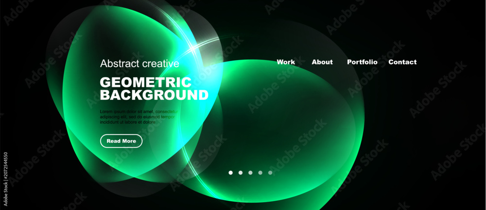 Obraz premium Abstract green shapes form dynamic website header. Text details geometric background, includes navigation, button. Dark backdrop enhances visual impact.