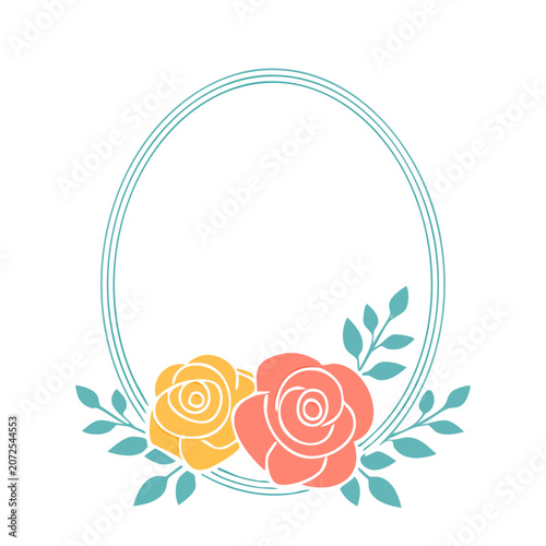 Floral oval frame with roses and leaves illustration