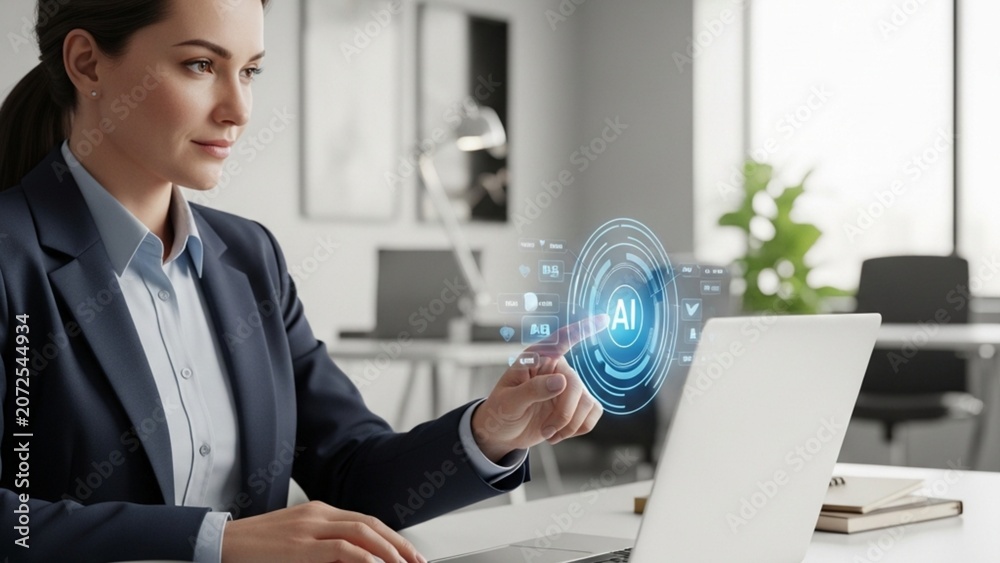 Fototapeta premium AI Productivity Concept with Businesswoman Interacting with Holographic Interface on Laptop in Office Environment