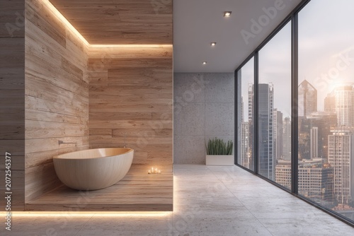 Modern spa bathroom with wooden bathtub and city view.