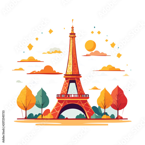Flat illustration of Eiffel Tower with autumn trees and clouds