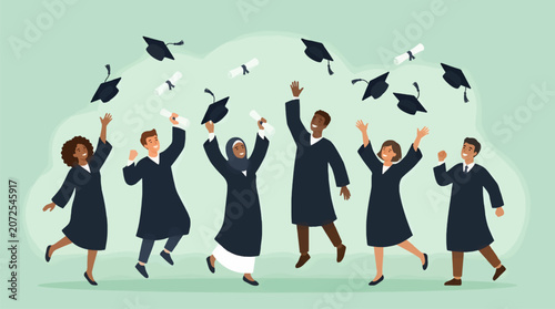 Konstfotografi Diverse Graduating Students in Academic Regalia Celebrate Achievement with Throw