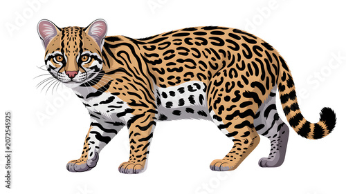 Full length side view of a spotted ocelot standing alert isolated on white background with predator wildlife standing isolated background carnivore tropical watchful portrait