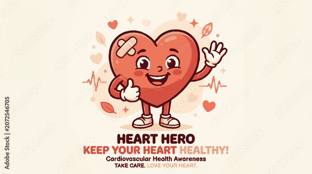Fototapeta premium Friendly cartoon heart mascot giving thumbs up for cardiovascular health awareness