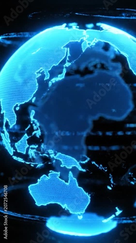 A glowing blue globe pulses with continents lit against space
