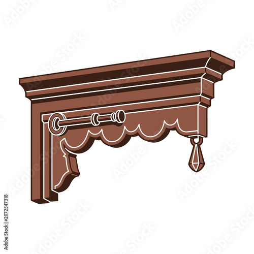Photos Brown wooden cornice molding with decorative curtain valance and tassel