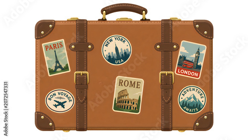 Vintage suitcase, travel luggage, brown leather, travel stickers, Paris Rome London summer