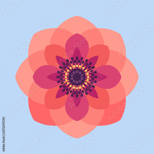 A vibrant stylized flower blooms against a soft blue background